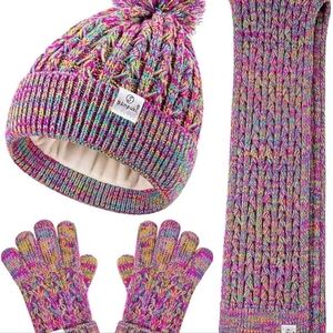 Kids Winter Hat Gloves Scarf Set,Girls Toddler Winter Hat Beanie with Pom Neck